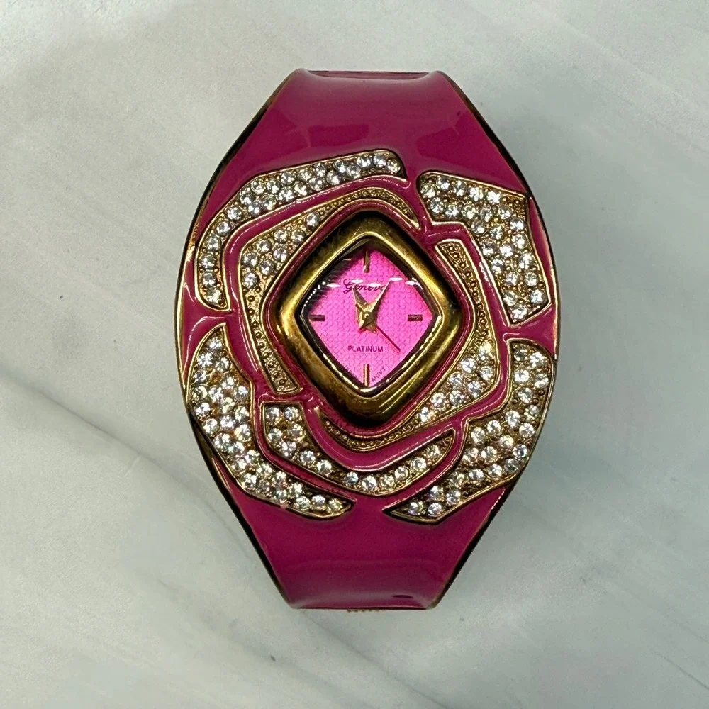 Geneva Platinum Pink Enamel Rhinestone Floral Cuff Watch 8663 Gold Tone